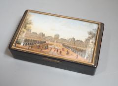 A 19th century French tortoiseshell snuff box, the top with reverse painted glass scene Tuileries