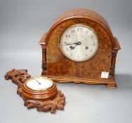 A Victorian carved oak wall timepiece and a burr walnut mantel clock