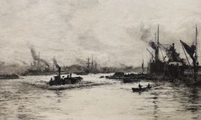 William Lionel Wyllie, etching, “Shipping on the Thames”, signed, 31.5 x 50cm