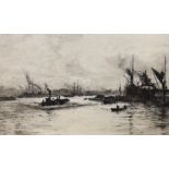 William Lionel Wyllie, etching, “Shipping on the Thames”, signed, 31.5 x 50cm