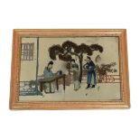 A 19th century Chinese reverse painted glass mirror, depicting a female scholar and figures in a