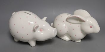 Tiffany ‘rabbit’ and ‘pig’ money banks, original boxes, pig 20cm wide