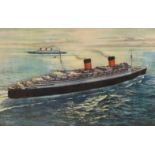 Cunard Line, Queen Elizabeth and Queen Mary print of watercolour by C.C. Evans, 71 x 102cm