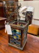 An Edwardian square stained glass hall lantern, height 50cm