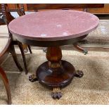 A Victorian parcel gilt rosewood pedestal now as an occasional table with circular faux porphyry