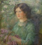 Gwendoline Abbot, oil on canvas, Portrait of a young lady picking lilac blossoms, signed and dated