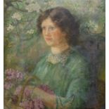 Gwendoline Abbot, oil on canvas, Portrait of a young lady picking lilac blossoms, signed and dated