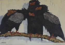 Martin Erich Phillipp (1887-1978), colour woodcut, 'Three bataleurs', signed and dated 1914, 25 x