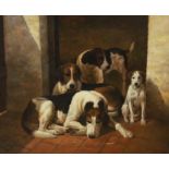 Follower of John Emms (1843-1912), oil on canvas, Kennel interior with hounds and terrier, 50 x