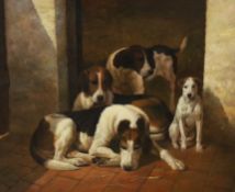 Follower of John Emms (1843-1912), oil on canvas, Kennel interior with hounds and terrier, 50 x