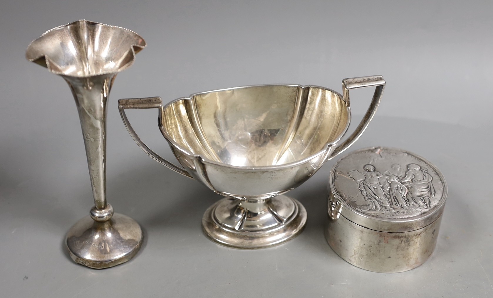 Miscellaneous silver ware including a mounted cigarette box, mounted posy vase, egg cup stand, - Image 7 of 7