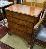 A small George III mahogany chest of four graduating long drawers, raised on bracket supports,