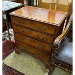 A small George III mahogany chest of four graduating long drawers, raised on bracket supports,