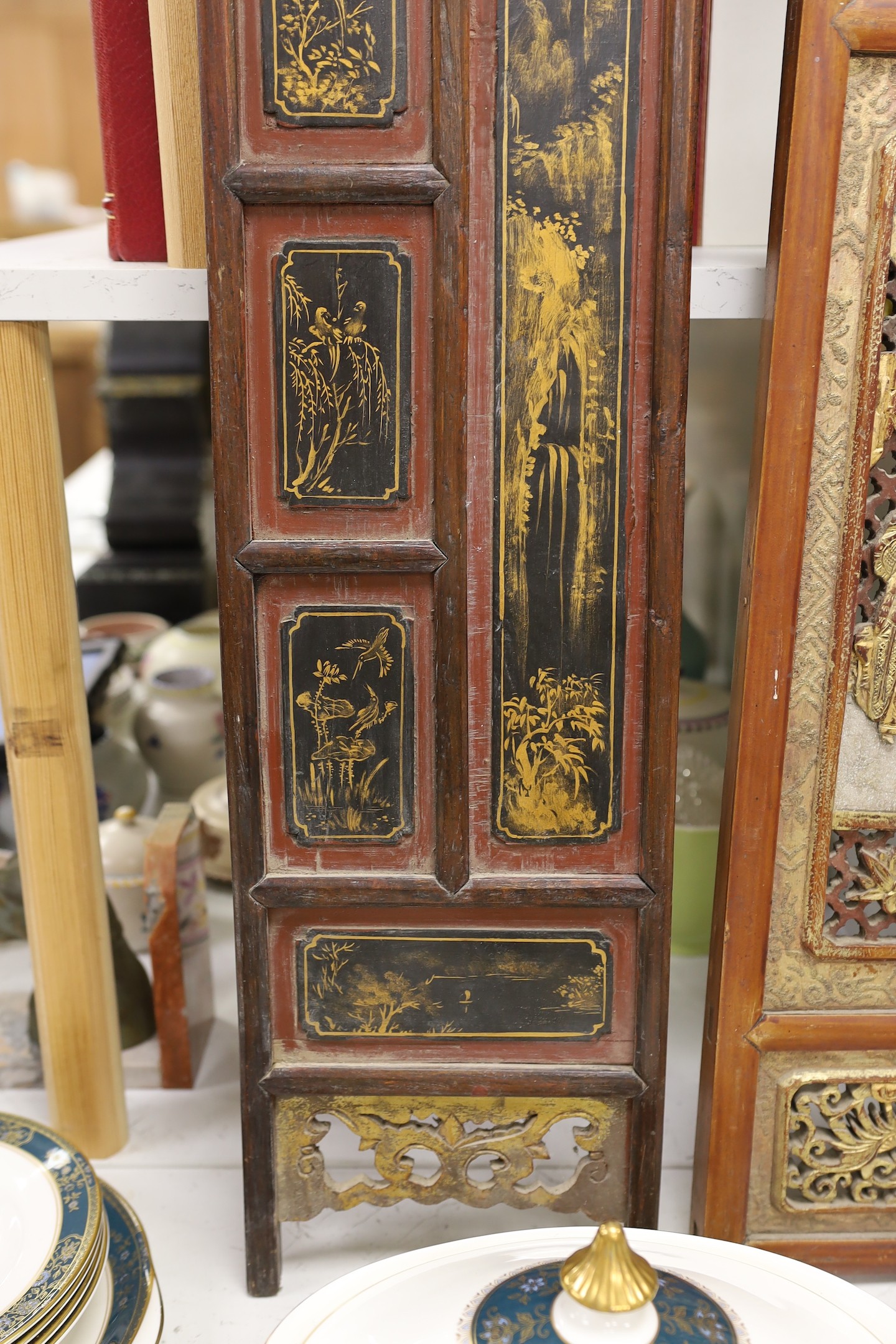 A pair of late 19th century Chinese gilt-decorated lacquer panels and a similar smaller - Image 3 of 6