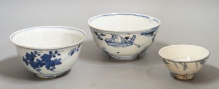 Three Chinese late Ming blue and white bowls, one painted with figures in a boat on horseback and in