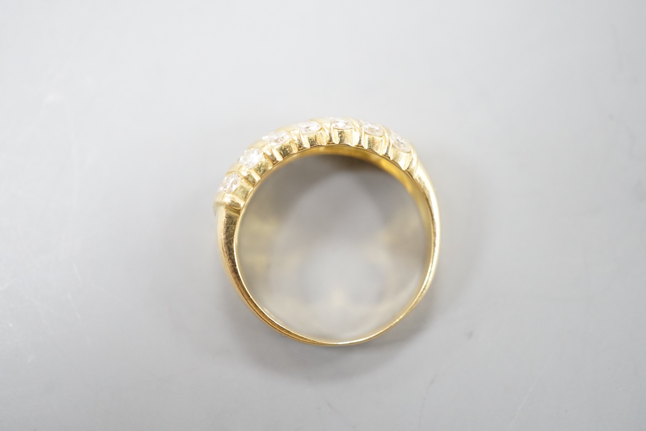 A modern 18ct gold and twenty one stone diamond set seven row half hoop ring, size N, gross weight - Image 5 of 5