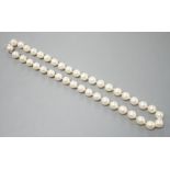 A modern single strand cultured pearl necklace with 750 white metal clasp, 42cm.