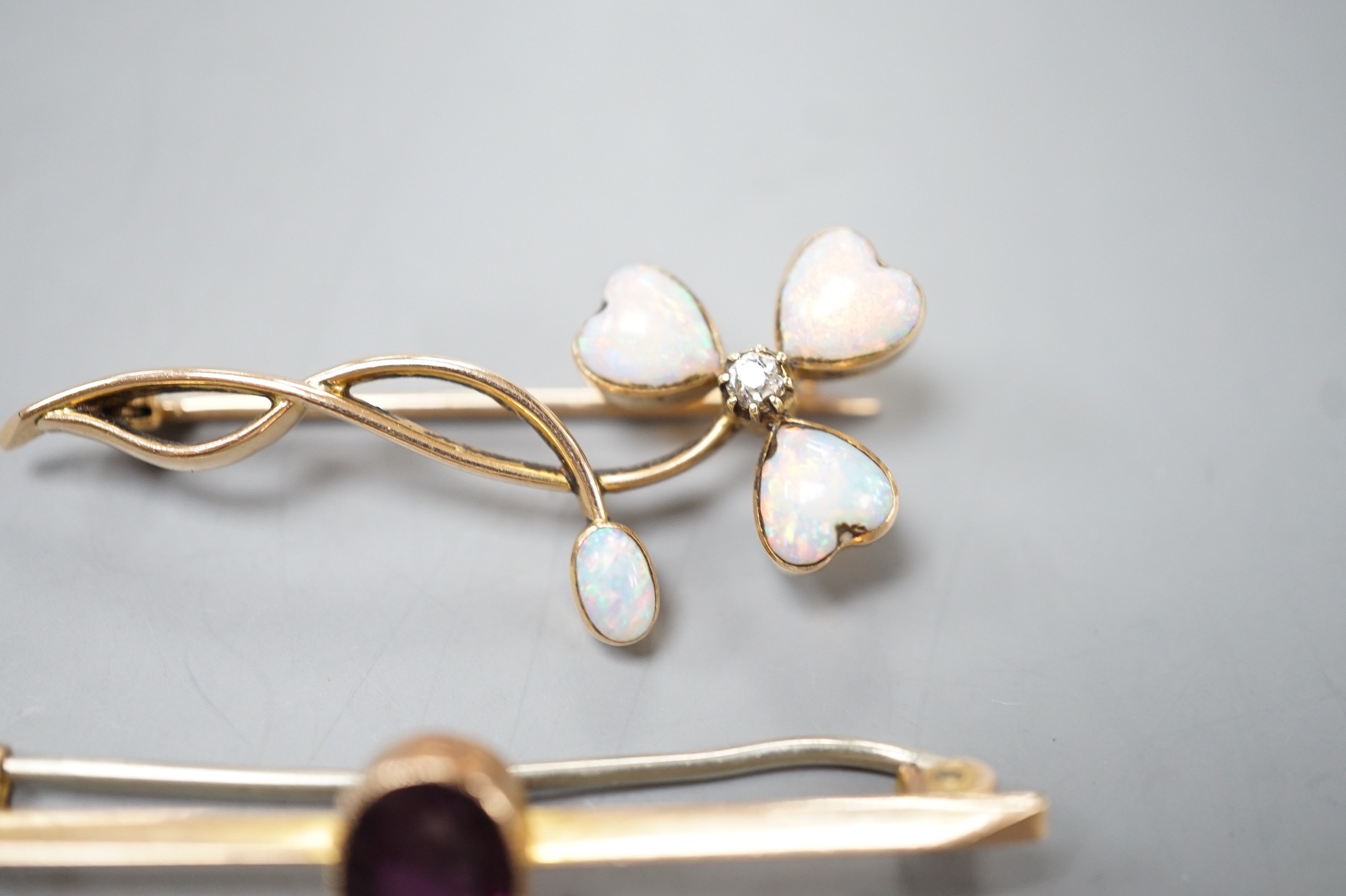 A yellow metal, four stone white opal including heart shape and diamond set foliate brooch, 40mm and - Image 3 of 5