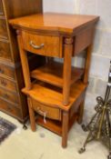 A pair of reproduction cherry bow front bedside tables, width 50cm, depth 50cm, height 61cm