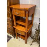 A pair of reproduction cherry bow front bedside tables, width 50cm, depth 50cm, height 61cm