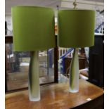 A pair contemporary green and opaque glass table lamps with shades, 90cm total height