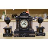 A black slate and marble clock garniture, c. 1890, clock 33cms high