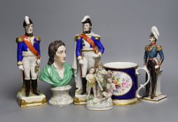 A Staffordshire bust inscribed Locke and three military figures, a two handled tankard and a