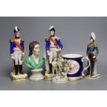 A Staffordshire bust inscribed Locke and three military figures, a two handled tankard and a