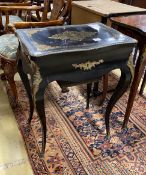 A late 19th century Louis Philippe cut brass inlaid ebonised work table, marked Tahan, Paris,