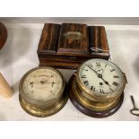 A Victorian calamander veneered humidor / three divisional caddy together with a small barometer and