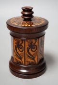 A Tunbridge ware rosewood tesserae mosaic sewing thread box with taperstick top, 13.5cm high