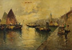 Pergal, oil on canvas, Continental harbour scene, signed, 49 x 69cm