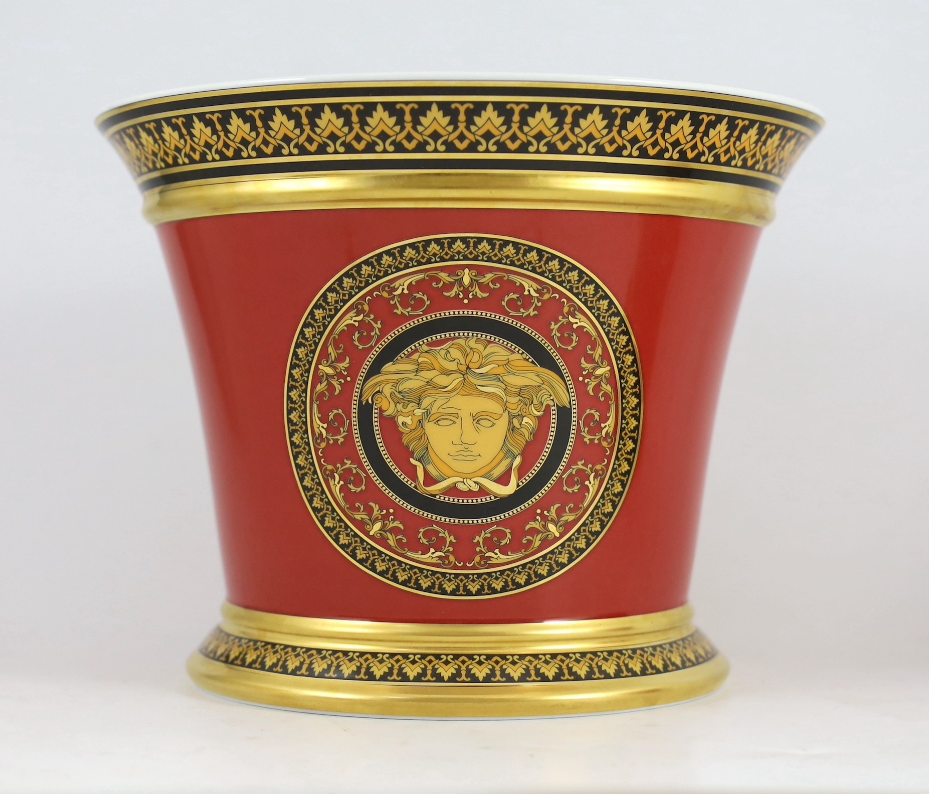Rosenthal for Versace. A graduated pair of Medusa pattern jardinieres gilt and black printed - Image 2 of 6