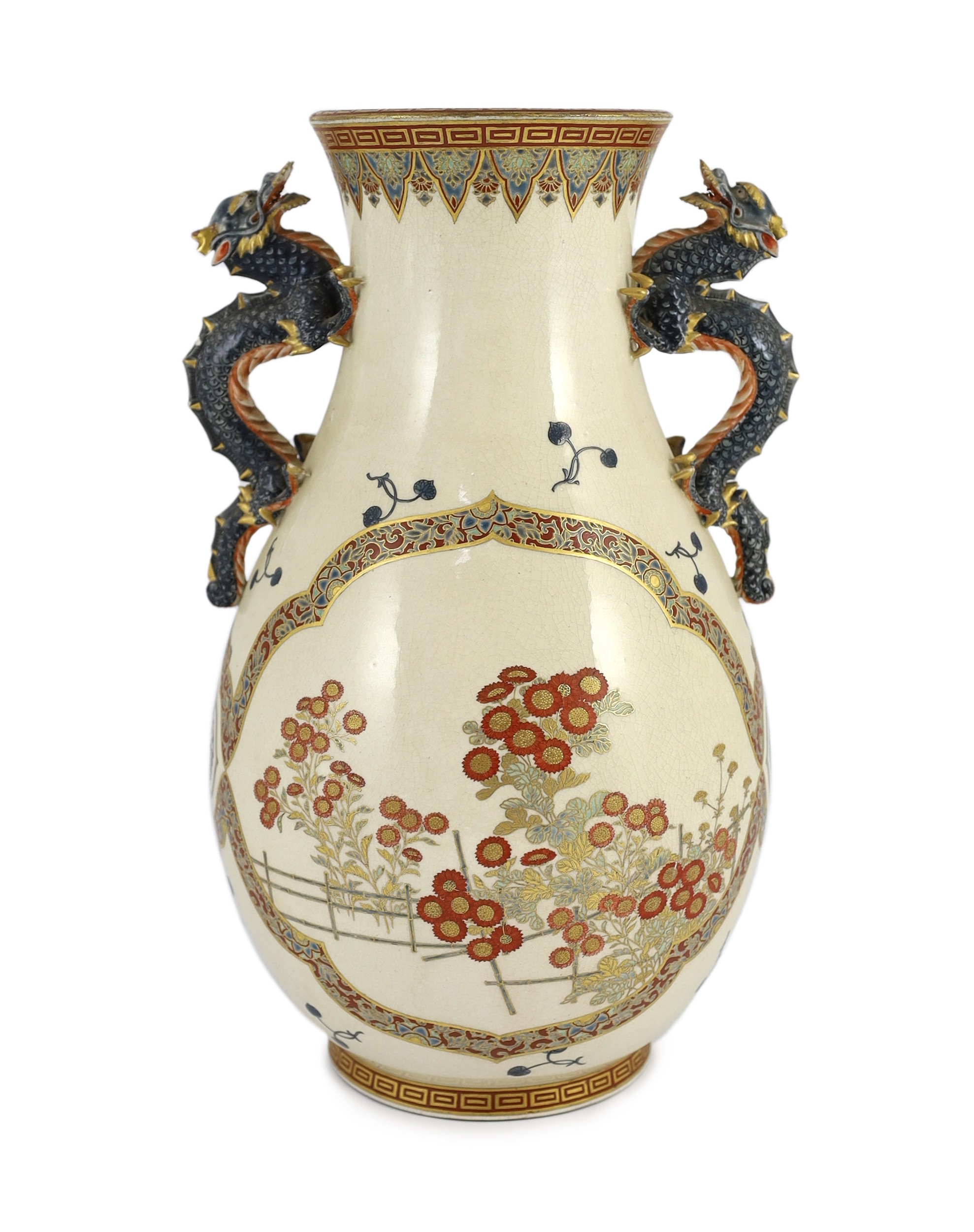 A large Japanese Satsuma pottery vase, late 19th century, finely gilded and painted in enamels