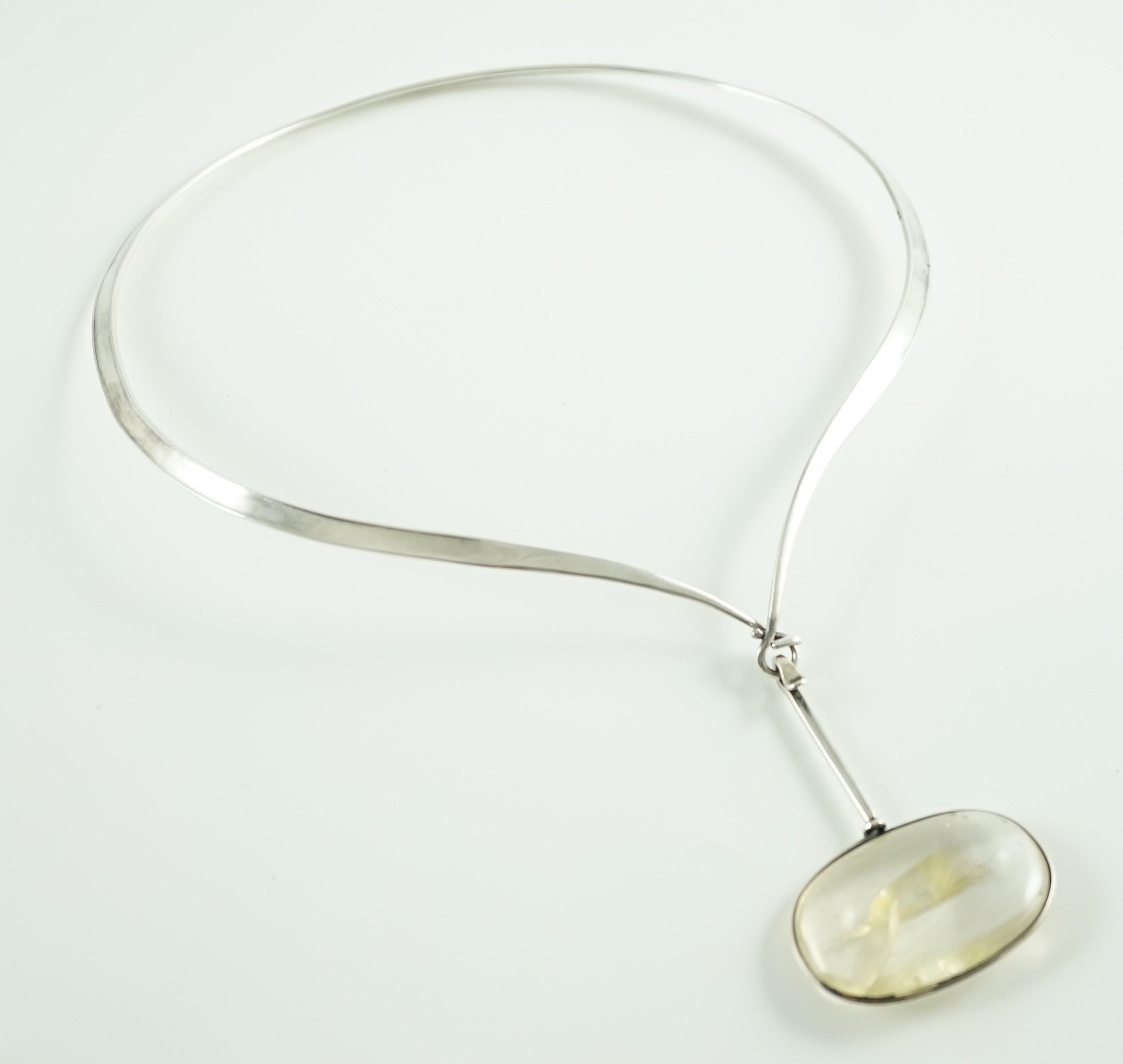 A Vivienne Torun for Georg Jensen Danish sterling silver and rutilated oval quartz set pendant - Image 3 of 4