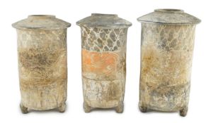 Three Chinese pigment painted grey pottery ‘granary’ jars, Han dynasty (200BCE - 220CE), the roof