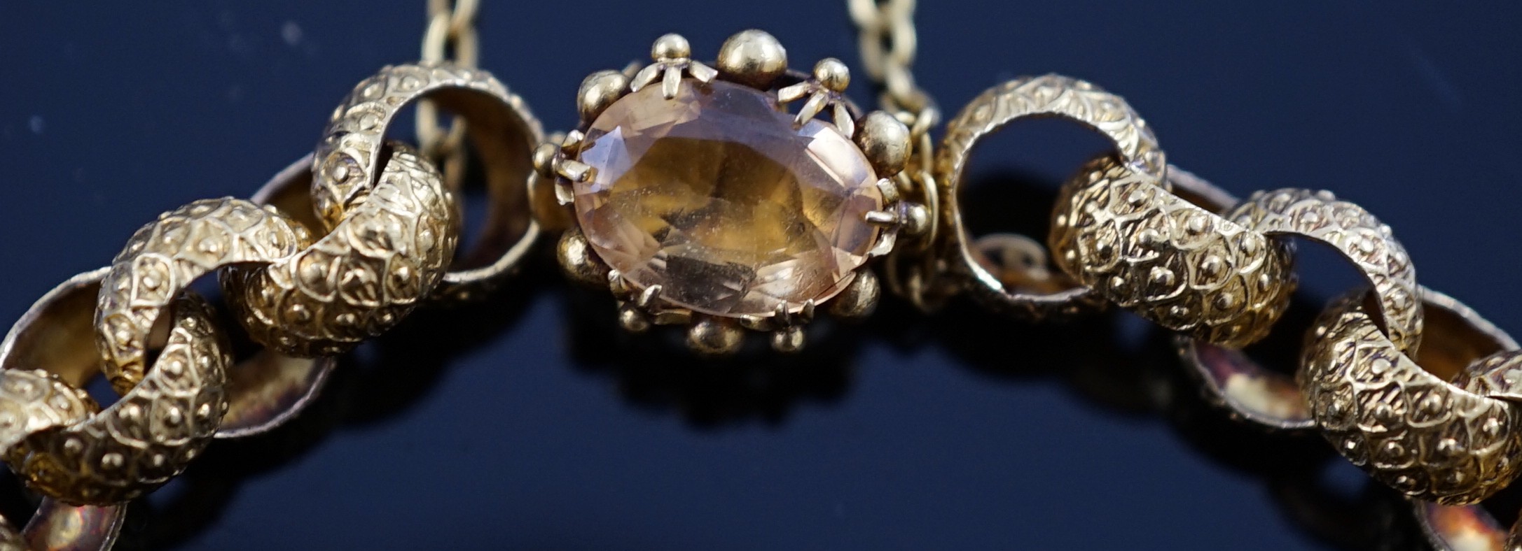 A 19th century cannetille work gold and four stone oval cut citrine set circular link bracelet, - Image 4 of 6