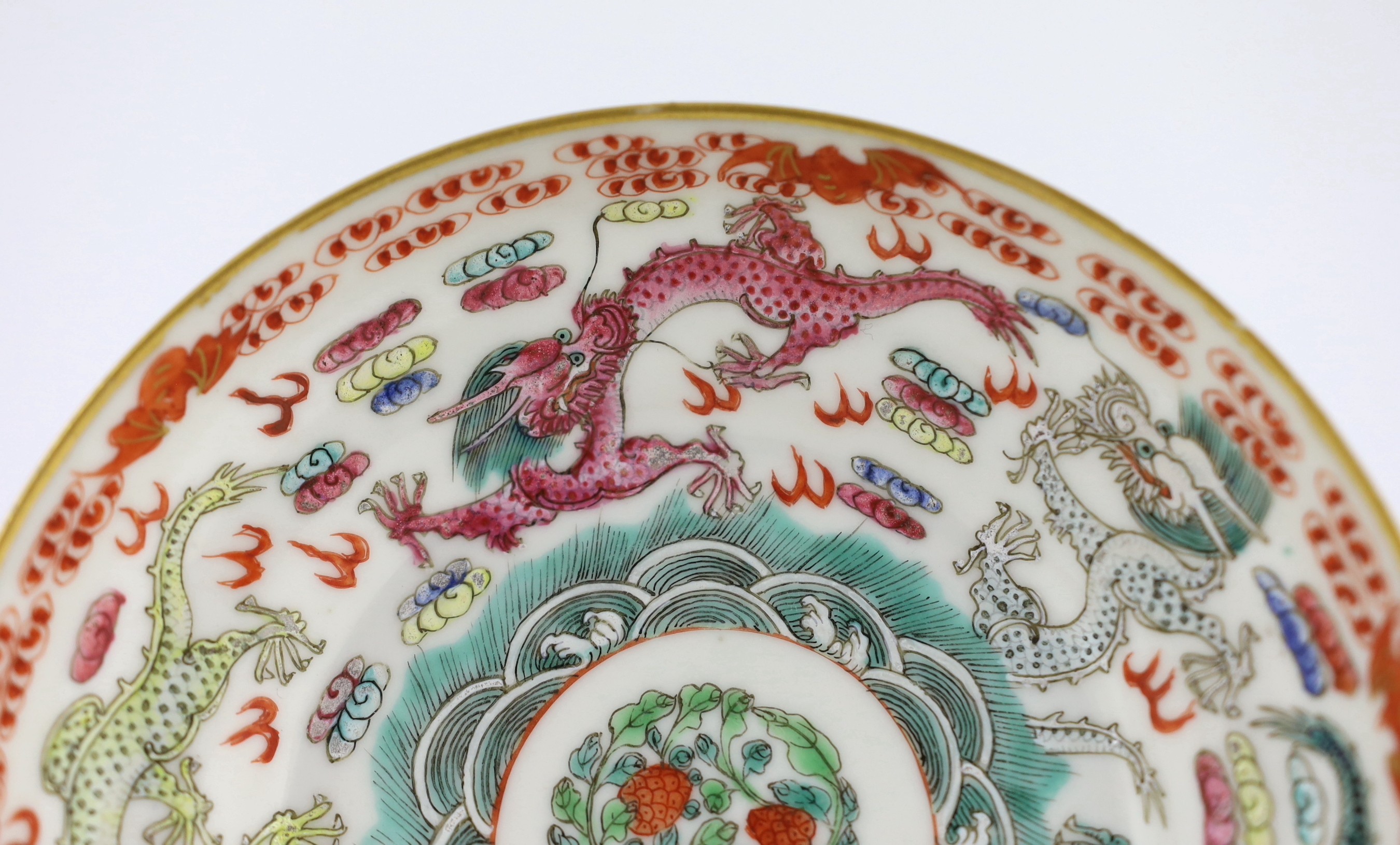 A Chinese famille rose fencai ‘dragon’ saucer dish, Jiaqing four character seal mark, 19th - Image 3 of 7