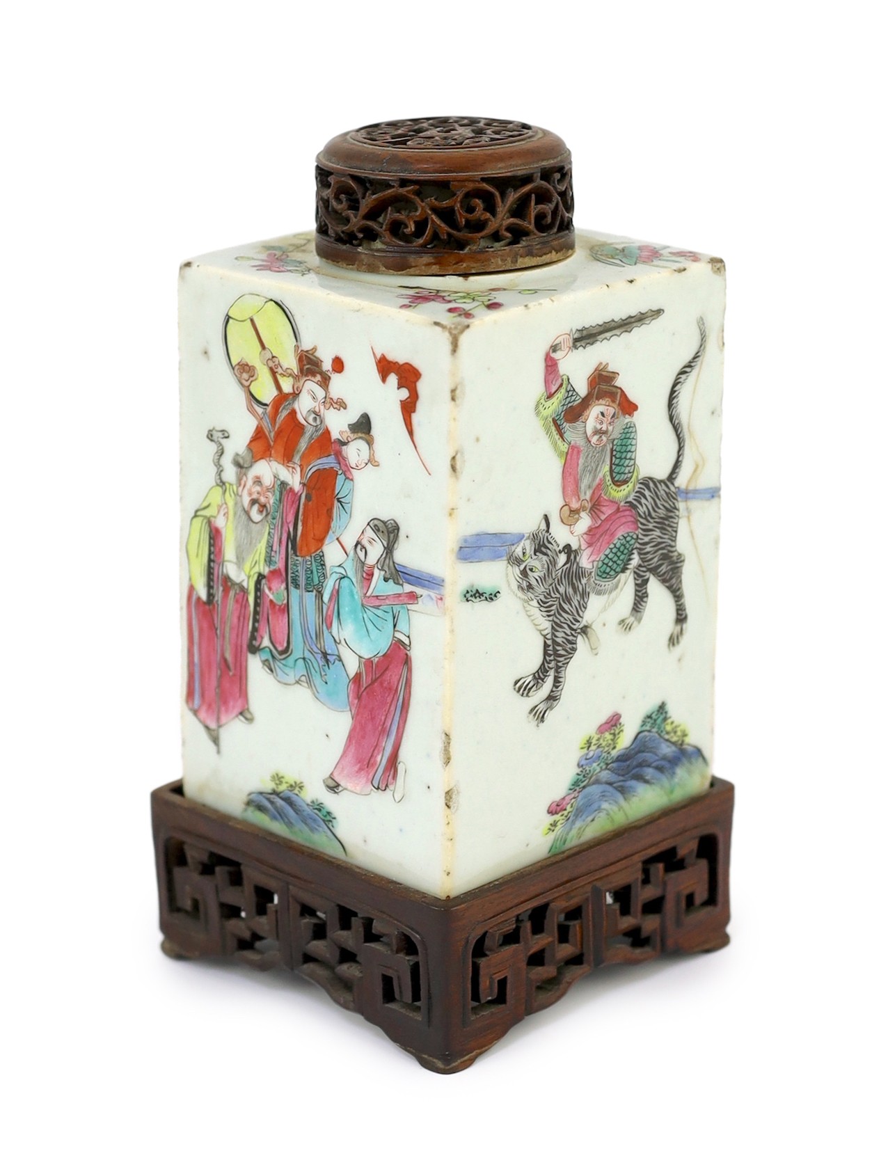 A Chinese famille rose square tea caddy, mid 19th century, painted with the figures of the Shanxing,
