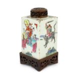 A Chinese famille rose square tea caddy, mid 19th century, painted with the figures of the Shanxing,