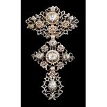 An antique pierced gold, silver and diamond set drop brooch, of foliate design, 69mm, gross weight