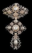 An antique pierced gold, silver and diamond set drop brooch, of foliate design, 69mm, gross weight