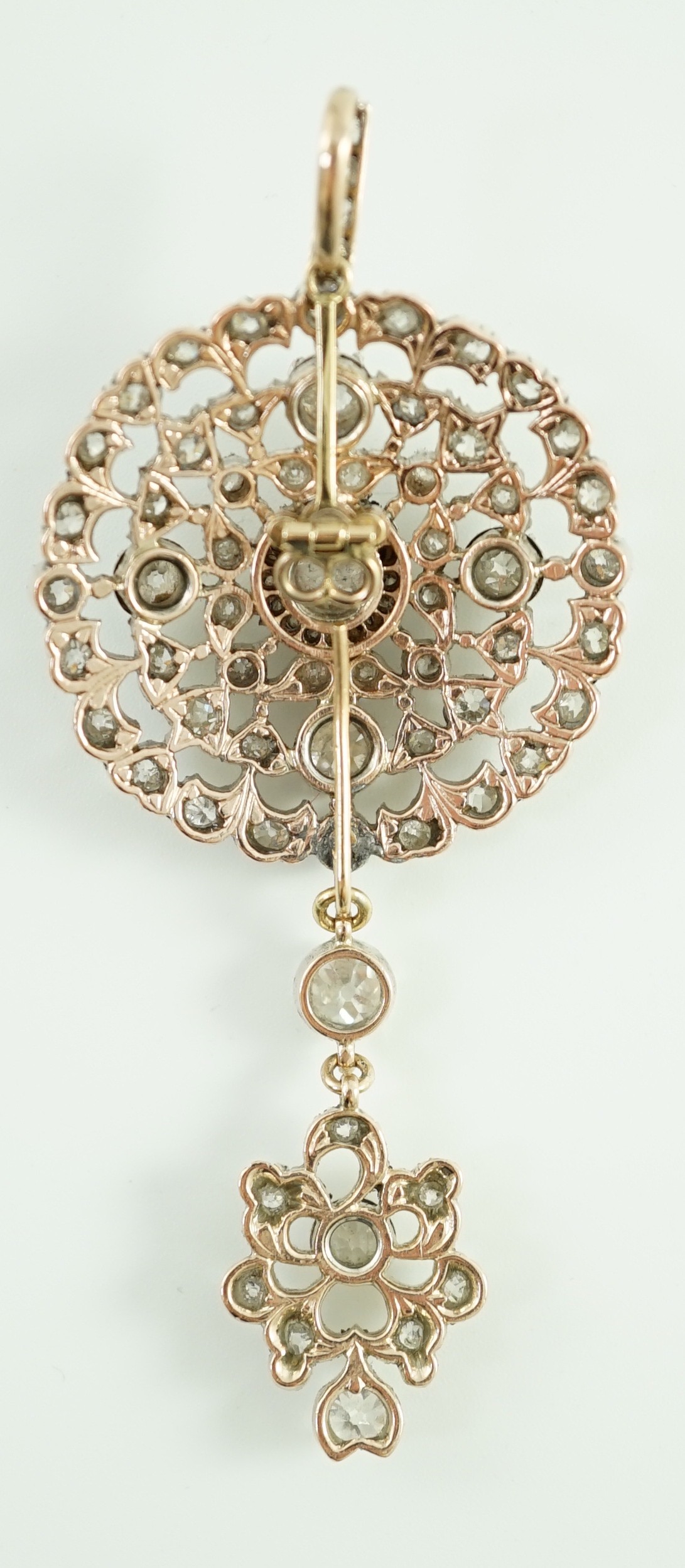 A good Victorian gold, silver and graduated diamond cluster set target drop pendant brooch, retailed - Image 8 of 9