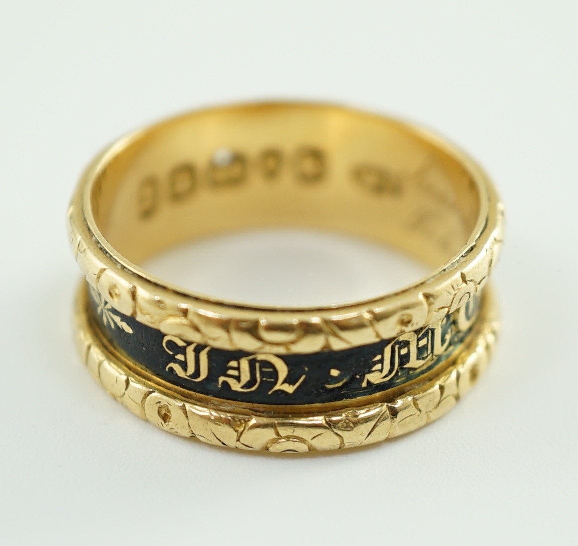 A George IV 18ct gold and black enamel 'In Memory Of' mourning band, with carved scroll border, - Image 2 of 9