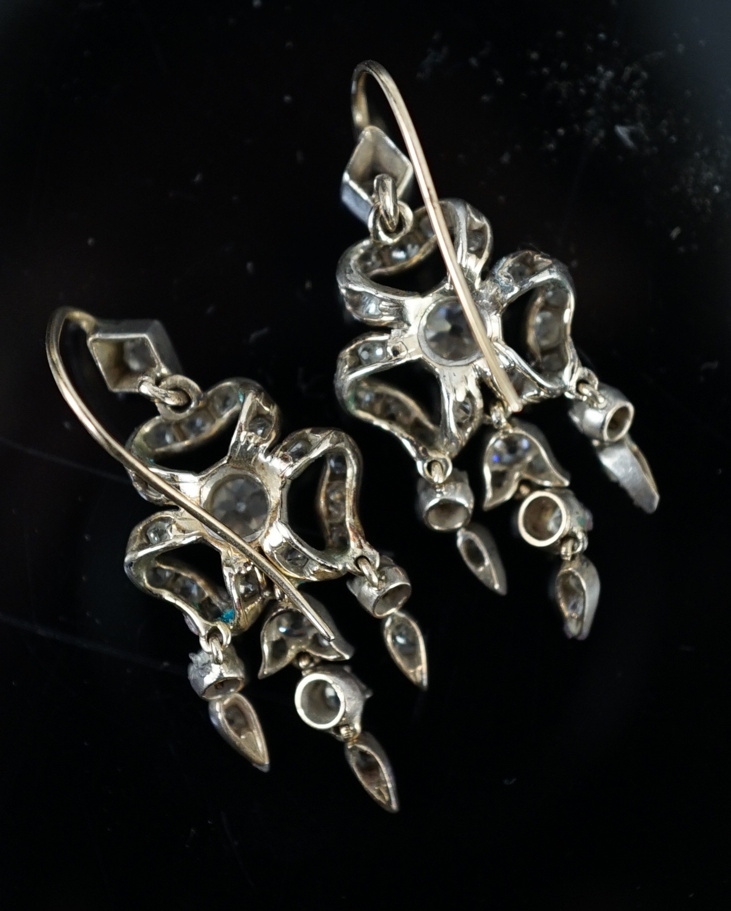 A pair of 19th century gold, silver and old cut diamond set drop earrings, of ribbon bow form, 37mm, - Image 4 of 6