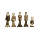 A set of five Chinese pigment painted pottery standing figures of musicians, Han dynasty or later,