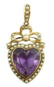 A late Victorian gold, heart shaped amethyst and seed pearl set drop pendant, overall 46mm, gross