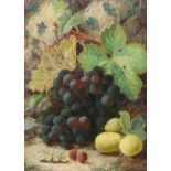 Oliver Clare (British, 1853-1927) Still life of grapes, white currants, raspberries and plumsoil