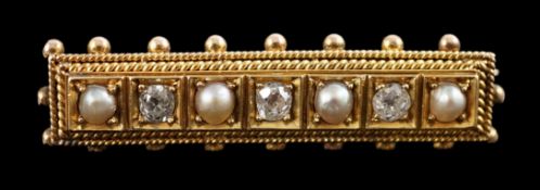An early 20th century gold three stone diamond and four stone split pearl set bar brooch, with