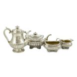 A George IV four piece demi fluted silver tea and coffee service, by Joseph Angell I, comprising
